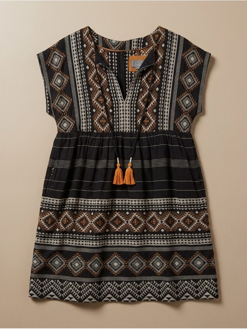 Anthropologie Boho Geometric Tassel Mini Dress Size Small